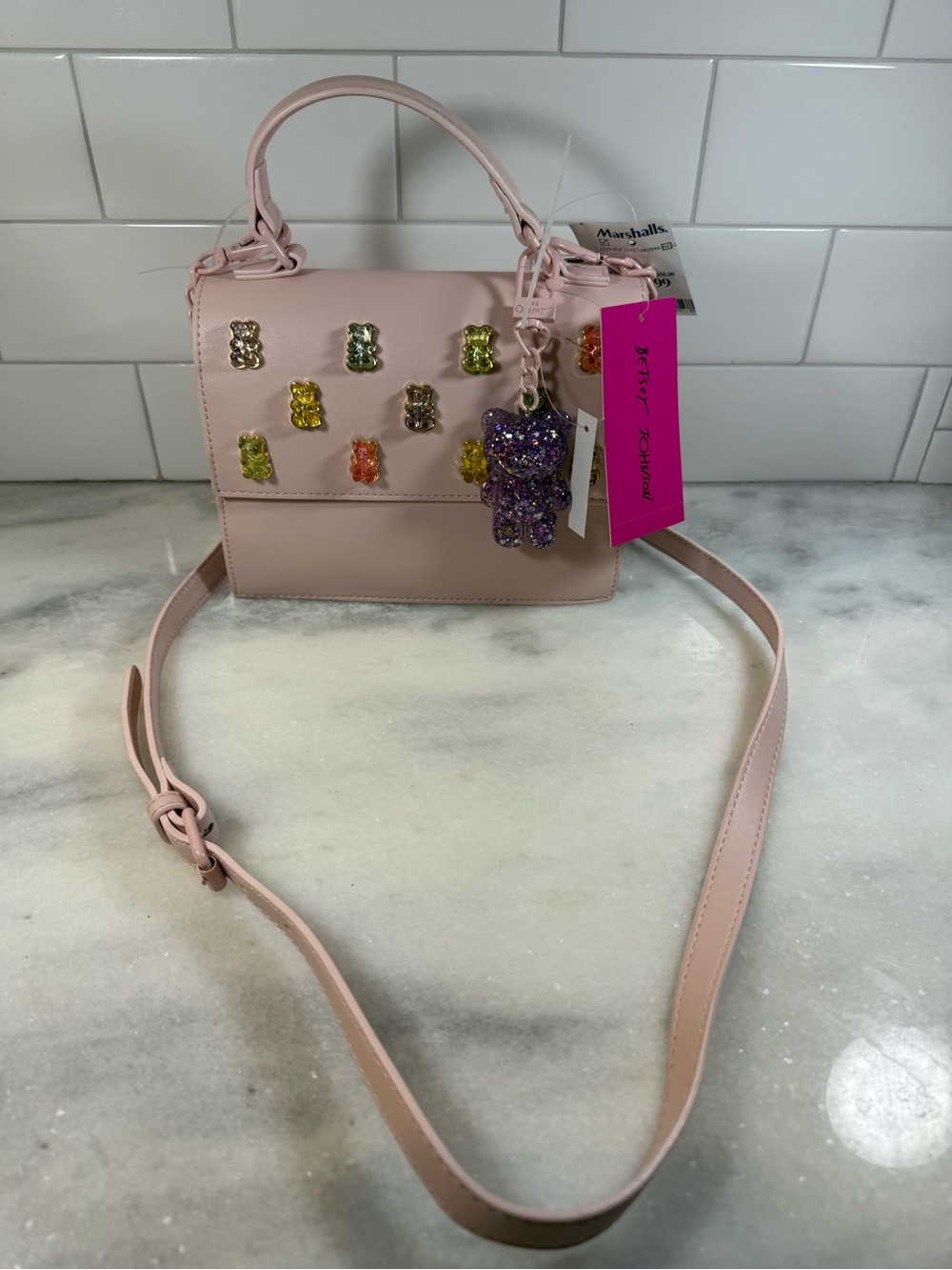Betsey Johnson Blush Pink Gummy Bear Crossbody Bag Set with Glitter Bear Charm